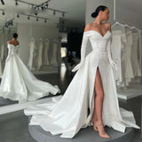 Runhufu Luxury Off Shoulder Mermaid Wedding Dress Lace Up High Right Split Detachable Train Taffeta Buttons Cathedral Bridal Gowns