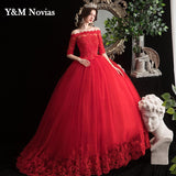 runhufu Boat Neck Vestido De Noiva 2023 New Red Wedding Dress with Sleeve Lace UP Appliques Plus Size Simple Bride Ball Gown