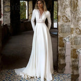 Runhufu Simple Satin Bridal Gowns Deep V-Neck Long Sleeves Wedding Dresses For Women 2023 Lace Appliques A-Line vestidos de noiva