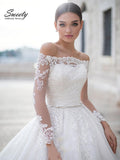 Runhufu wedding dress one shoulder long sleeve applique belt decoration bridal dresses simple retro atmosphere lace big ski