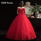 runhufu Boat Neck Vestido De Noiva 2023 New Red Wedding Dress with Sleeve Lace UP Appliques Plus Size Simple Bride Ball Gown