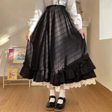 Runhufu Solid Color Double Layer Vintage French Ruffled A-line Skirt Hepburn Style Black White Half Skirt Female Long Skirts