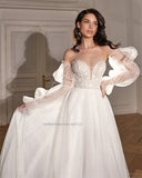 Runhufu Sweetheart Beach A-Line Wedding Dresses Long Puff Sleeves Lace Appliques Bridal Gowns Vestido De Noiva