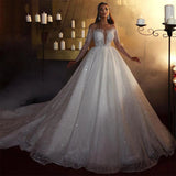 Runhufu Glitter Lace Wedding Dresses Shiny Off Shoulder Long Sleeves Striped Bridal Gowns Sparkly Bride Party Sequins Sprayed Tul