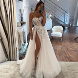 Runhufu Wedding Dresses Women's Sweetheart A-line Lace Decal Tulle Side High Split Princess Bridal Gowns Sleeveless Robe Vestid 925