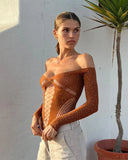 Runhufu Women’s Off Shoulder Bodysuit Shiny Rhinestone Long Sleeve Hollow Out Slim Fit Leotard Tops