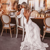 Runhufu Bohemian Wedding Dresses Lace V-Neck Elegant Wedding Gown Boho Beach Bridal Dress Long Sleeves Open Back Vestido Novia 925