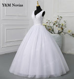 runhufu Novias Classic V Neck Sleeveless Wedding Dress 2023 Plus Size New A Line Ivory White Lace Romantic Bride Bridal Gown botton