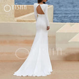 Runhufu White Wedding Dresses Mermaid Long Sleeves Sexy Deep V-Neck Satin Backless Buttons 2023 Elegant Bride Gown Robe De Mariée
