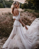 Runhufu Boho Sexy Sweetheart Wedding Dress 2023 A-Line Cap Sleeve Off Shoulder Backless Transparent Chiffon Bride Gown Floor-Length