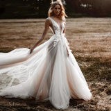 Runhufu Lace Tulle Illusion Wedding Dress For Bride V-Neck Chic Bridal Party Gown Women Beach Vestidos De Noiva Mariage Custom Made