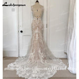 runhufu V Neck Lace Appliques Illusion Court Train Wedding Dress 2023 Boho Mermaid/Trumpet Bridal vestido branco sereia