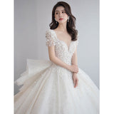 Runhufu Short Sleeve Wedding Dress 2023 New Bridal Dress V Neck Beading Shinning Ball Gown Sweep Train Vestido De Noiva