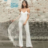 Runhufu V-Neck Wedding Jumpsuit Lace Applqiues Tulle Backless Pants Sets For Brides Zipper Off The Shoulder Vestidos De Novia
