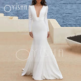 Runhufu White Wedding Dresses Mermaid Long Sleeves Sexy Deep V-Neck Satin Backless Buttons 2023 Elegant Bride Gown Robe De Mariée