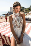 Runhufu High Side Slit Halter Beach 2023 Wedding Dress Boho Lace Top Chiffon Skirt Long Backless Bridal Gown for Women Vestido