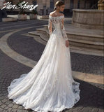 Runhufu Long Sleeve Wedding Dress A-Line 2023 Boat Neck Lace Appliques Sweep Train Chiffon Long Civil Bridal Gown With Button