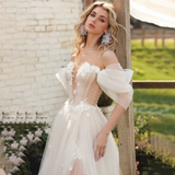 Runhufu High Split A Line Appliques Wedding Dress Lace Up Off Shoulder Real Photos Crisscross Rustic Maxi Bridal Gowns