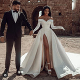 Runhufu Luxury Off Shoulder Mermaid Wedding Dress Lace Up High Right Split Detachable Train Taffeta Buttons Cathedral Bridal Gowns