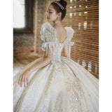 runhufu Wedding Dress 2023 New Short Sleeve Embroidered Tulle Ball Gown Wedding Gowns Shinny Princess