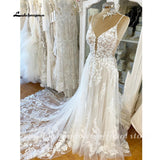 runhufu Spaghetti Straps Lace Wedding Dress Sexy Bridal Robe 2023 Plunging V Neck Tulle Boho Wedding Gown Abiti Sposa