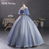 runhufu New Gray Blue Quinceanera Dresses Plus Size Ball Gowns With Sleeves Puffy Dresses For Prom Sweet 16 Dress Vestido De 15anos