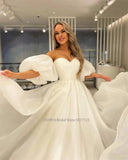 Runhufu Sweetheart Wedding Dresses Off the Shoulder Long Puff Sleeves Sweep Train Bridal Gowns Vestido Novia