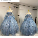 runhufu Maria Novia Blue Grey Quinceanera Dresses Long Sleeve Flower Long Sleeve Ball Gown Prom Dress Vestidos De 15 Anos