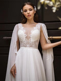 Runhufu Elegant Detachable Cape Sleeves Appliques O-Neck Wedding Dress A-Line Backless Long Sweep Train Robe De Mariée Custom Made