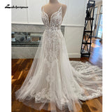 runhufu Spaghetti Straps A Line Tulle Wedding Dress For Women 2023 Sexy Bridal Boho Beach Wedding Gowns Lace Backless