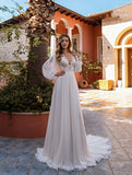 Runhufu Chiffon Long Puff Sleeves Wedding Dress Boho Appliques Lace Beach Bride Gowns O-Neck Court Train Bridal Party Dress