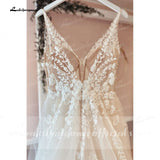 runhufu Ivory Lace Bridal Gown 2023 V neck Tulle Boho Wedding Dresses Open Back Floor-Length A-Line Wedding Gown Sukienka