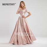 runhufu Robe De Soiree One Shoulder Short Sleeves Long Evening Dresses Pink Glitter Prom Dress 2023 Vestido De Fiesta De Boda