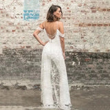Runhufu V-Neck Wedding Jumpsuit Lace Applqiues Tulle Backless Pants Sets For Brides Zipper Off The Shoulder Vestidos De Novia