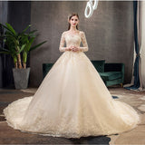 runhufu Spring White Ivory Champagne Wedding Dresses With Sleeve Illusion Long Appliques Lace Embroidery Ball Gowns vestido De Noiva