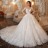 Runhufu Wedding Dress Embroidered Lace On Net With Ball Gown O-neck Full Sleeve bridal Gowns Button Appliques Vestido De Novia