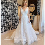 runhufu A line Wedding Dresses V-neck Custom-Made Court Train Appliques Sleeveless Bridal Gown Robe De Mariée