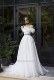 Runhufu Strapless A-Line Satin Wedding Dresses Off the Shoulder Short Sleeves Sweep Train Bridal Gowns Vestido De Novia