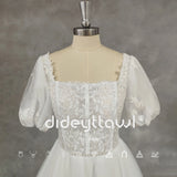 Runhufu Real Picture Princess Square-Neck Puff Sleeves Appliques Tulle A-Line Wedding Dress Backless Sweep Train Bridal Gown