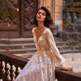 Runhufu NICEB Boho Vintage Wedding Dress Lantern Sleeves Lace Backless Bride Gown Illusion O-Neck Tulle Vestido De Fiesta De Boda 925