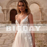 Runhufu A-Line Wedding Dresses Women 2024 Lace V-Neck Open Back Spaghetti Straps Tulle Bridal Gown Sweep Train Vestidos De Noiva