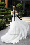 Runhufu Strapless A-Line Satin Wedding Dresses Off the Shoulder Short Sleeves Sweep Train Bridal Gowns Vestido De Novia