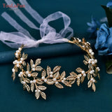 Runhufu Alloy Leaf Tiara for Woman Pearls Bridal Headband Wedding Hair Accessories Handmade Girl Headpiece with Organza HP353