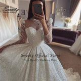 Runhufu Wedding Dress Embroidered Lace On Net With Ball Gown Train Elegant Boat Neck Full Sleeve bridal Gowns Button Robes De Ma