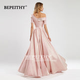 runhufu Robe De Soiree One Shoulder Short Sleeves Long Evening Dresses Pink Glitter Prom Dress 2023 Vestido De Fiesta De Boda