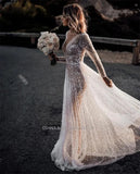 Runhufu V- Neck Sequins Wedding Dresses Long Sleeves Floor Length Backless Bridal Gowns Robe De Marié