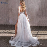 Runhufu NICEB Luxury Appliques Wedding Dress Boho Mermaid Detachable Train Side Split Three Quarter Sleeves Bride Gown Illusion
