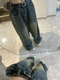 Runhufu Vintage High Waist Streetwear Style Blue Jeans Pants Korean Fashion Women's Wide Leg Striped Denim Trouser Female Clothes