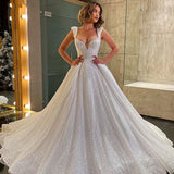 Runhufu Shiny A-Line Wedding Dresses Women's 2023 Deep V-Neck Sleeveless Lace Princess Bridal Gowns Beach Formal Party Robe Customi