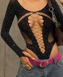 Runhufu Women’s Off Shoulder Bodysuit Shiny Rhinestone Long Sleeve Hollow Out Slim Fit Leotard Tops